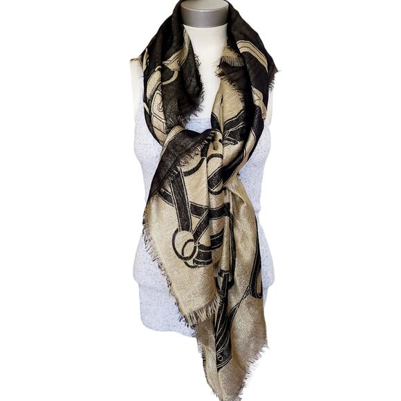 RALPH LAUREN PURPLE LABEL cashmere wool signature scarf wrap shawl black gold - Picture 3 of 12